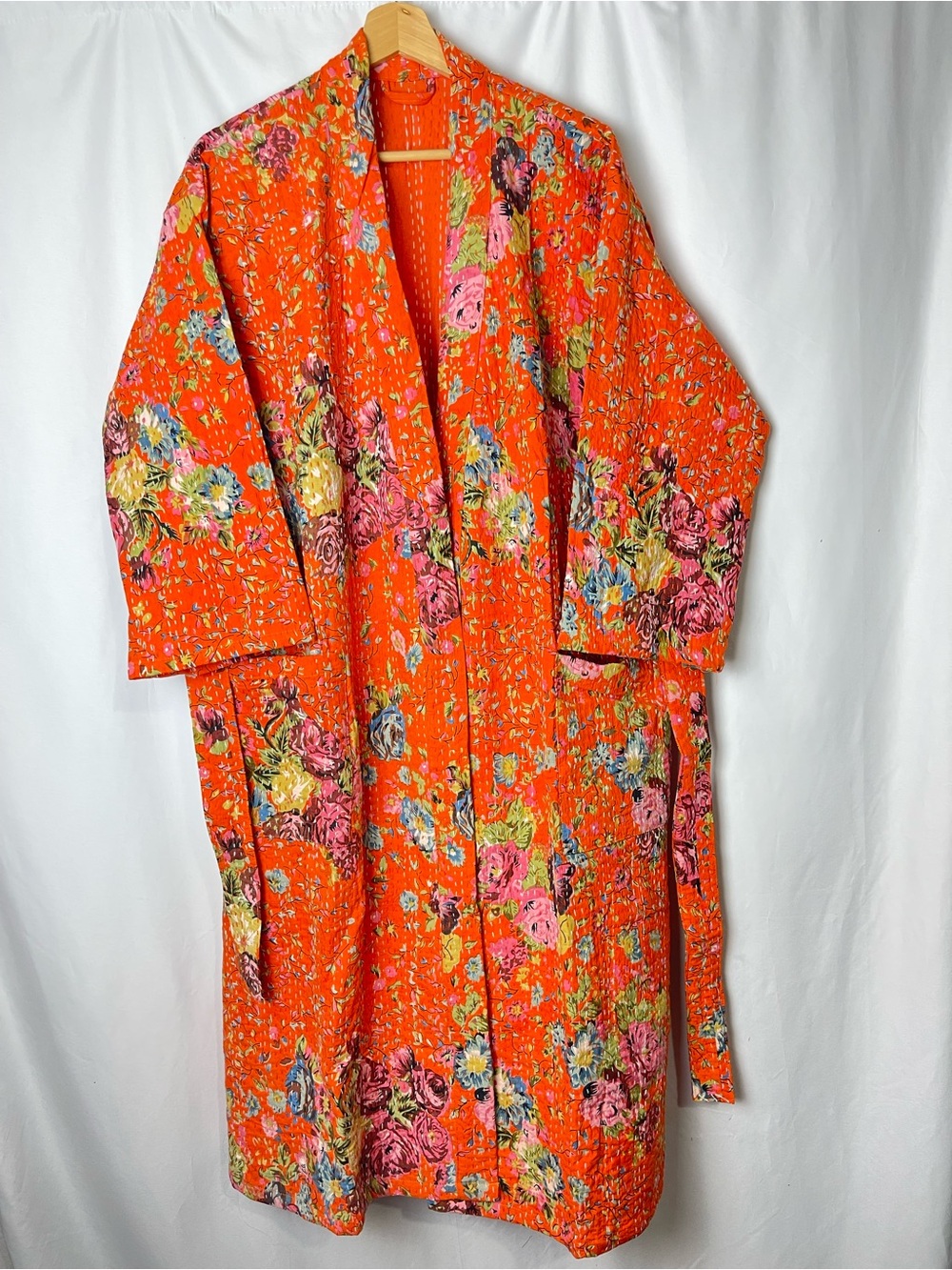 Orange Multicolor Floral Kantha Robe Cotton Kimono Boho One Size belted